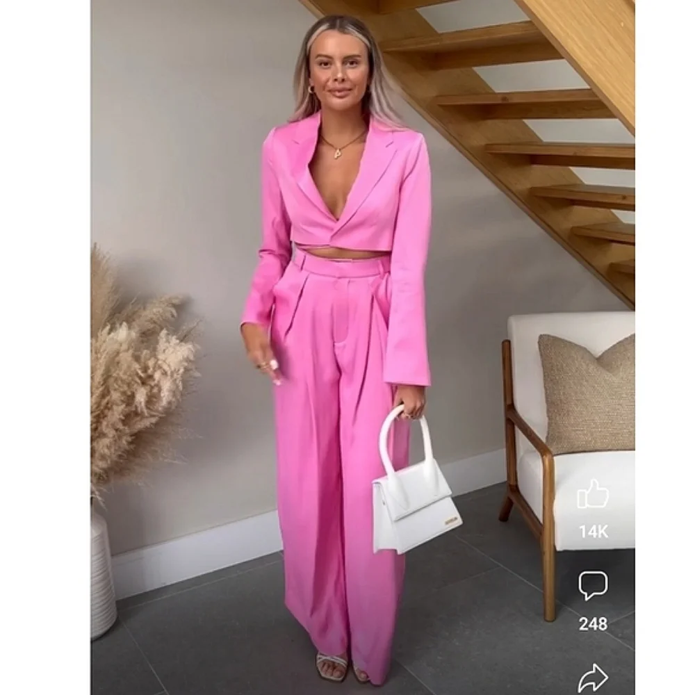 Zara 2pc Matching Set * Satin Cropped Blazer and Wide Pants Pink Size S